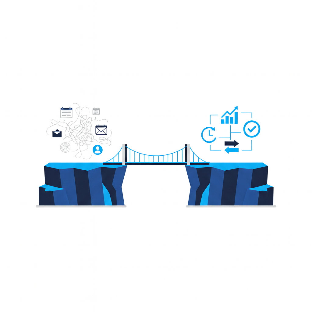 An illustration showing a bridge connecting a chaotic process to an organized and efficient one